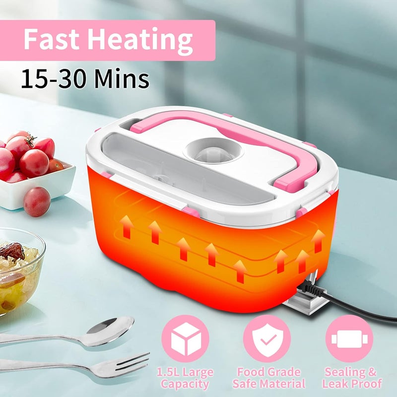 CHARMDOO Electric Lunch Box, Food Warmer Heater 12V 24V 110V, 80W Faster Heated Lunch Box for Car/Truck/Home Portable Heating Boxes with 1.5L 304 SS Container Fork & Spoon, White+Pink - Image 3